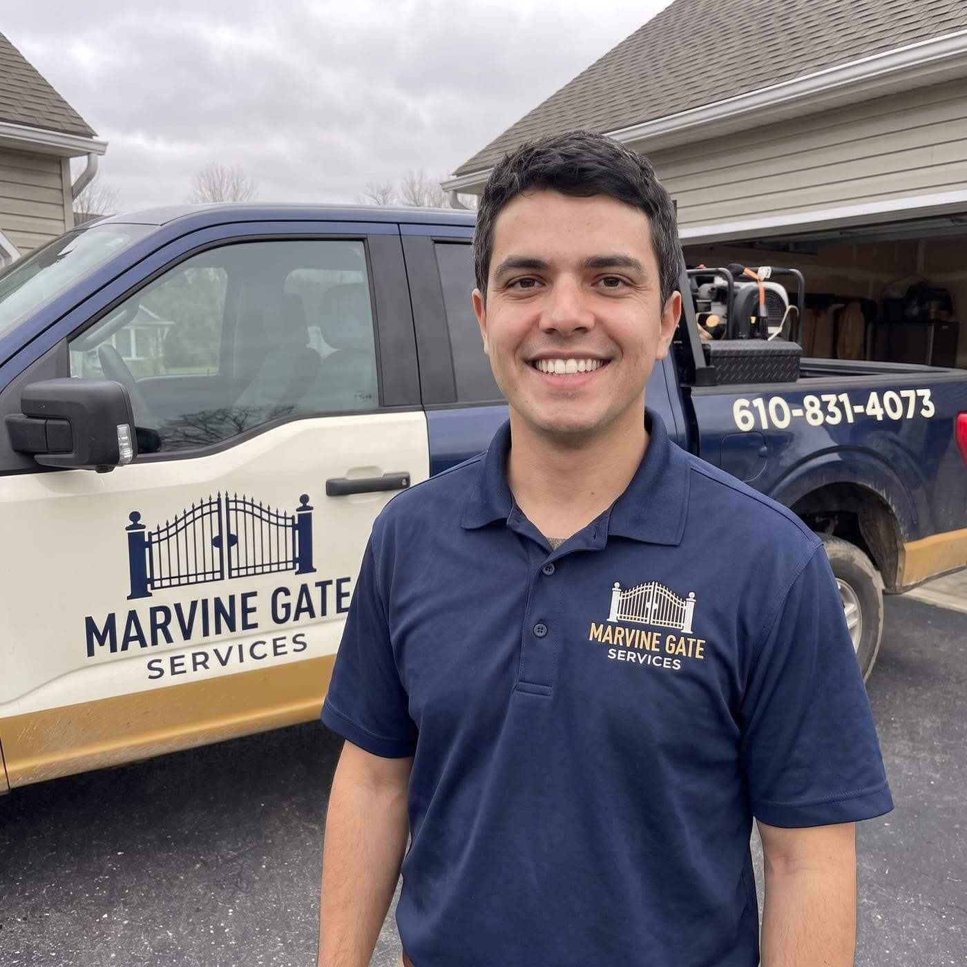 Braden Wyatt, manager of Marvine Gate Services, smiling in a navy polo shirt with the gold company logo, standing in front of the lettered service truck